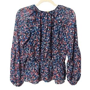 Draper James Floral Jewel Neck Puff Sleeve Blouse Blue Pink Multi XS Feminine